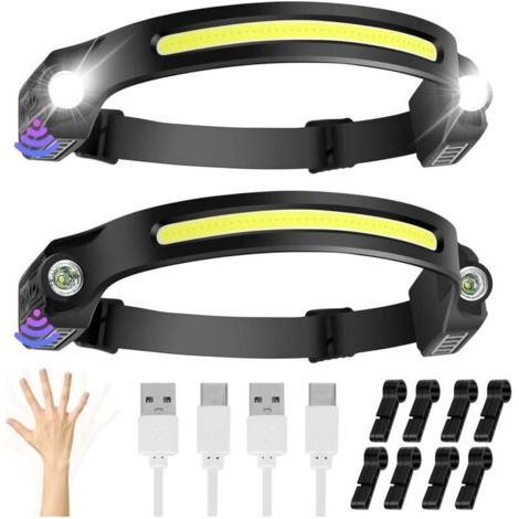 2 Stück Lampe frontale wiederaufladbar USB LED 350 Lumen 6 Modi 230 Grad Betrachtungswinkel Große IPX4 wasserdichte Taschenlampe Geschenk für Erwachsene, Kinder, Camping, Laufen, Angeln, Radfahren, Jo