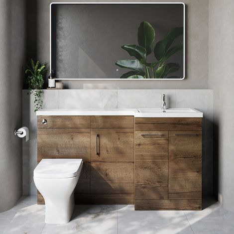 Napoli 390 Tobacco Oak 1500mm 3 Door Vanity Unit Toilet Suite with Right Hand Square Lucia Basin - 1500mm - Chrome 160mm HandleWith Kingston Toilet Pan and Seat