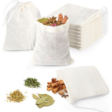50 Pcs Sacs à Codon en Mousseline de Coton tissu Sachet en Mousseline de Coton éutilisables Sachets à Épices pou Filte Épices Thé Café Hebes Épices Noix 8x10cm (1/4)