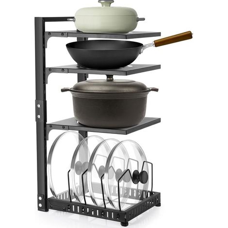 Organiseur de casseroles : organiseur de casseroles à 4 niveaux réglables et robustes pour armoire, plusieurs modes d'utilisation, support pour casseroles et poêles pour comptoir de cuisine (1/5)