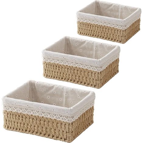 K001 Set di 3 Cestini Portaoggetti – Rattan Sintetico e Poliestere Beige con Motivo Margherite – Impilabili, Design Moderno – Ideali per Ufficio e Soggiorno (1/5)