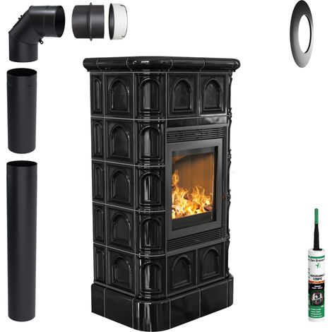 KRATKI Kachelofen BLANKA 8kW Ø160 schwarz Holz EcoDesign mit Zubehör (1/4)