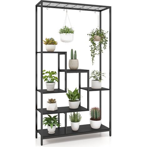Étagère porte-plantes noire à 6 niveaux en métal de 180 cm avec 10 crochets et kit anti-basculement pour salon balcon et terrasse (1/5)
