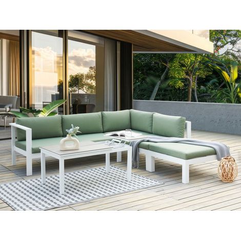 Conjunto de jardín 5 plazas sofá y mesa elevable estructura blanca tablero de vidrio y cojines verdes Messina (1/5)