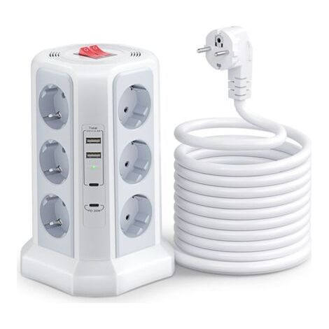 Multiprise avec Interrupteur, Tour Multiprise 12 Prises et 4 USB(2 USB-A&2 USB-C, 1.5M Câble à la Maison et au Bureau - Blanc
