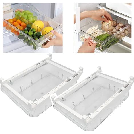 2 Tiroir, Plastique PET ABS, Cloisons Amovibles, Rail Extensible 30-44cm, Réfrigérateur Congélateur (1/5)