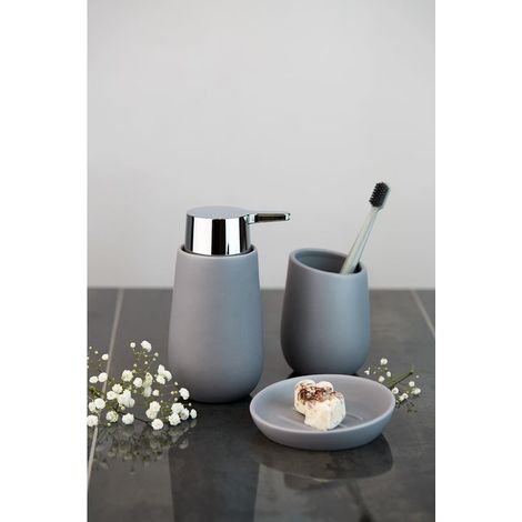 Distributeur de savon Badi céramique gris 2 pièces ensemble salle de bain design porte-brosse à dents verre à dents accessoires salle de bain gris distributeur de savon pratique et élégant (1/5)