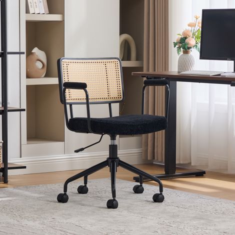 Chaise de bureau vintage en rotin à roulettes - Chaise de bureau pivotante et réglable avec assise en chenille et structure en bois pour bureau à domicile, bureau ou salon - Noir (1/4)