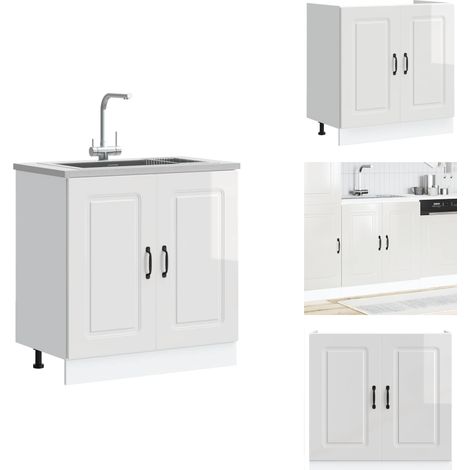 Vidaxl – Meuble bas sous évier Kalmar blanc brillant 80x46x81,5 cm – Bois d'ingénierie durable – Pieds réglables – Grand espace de rangement (1/5)
