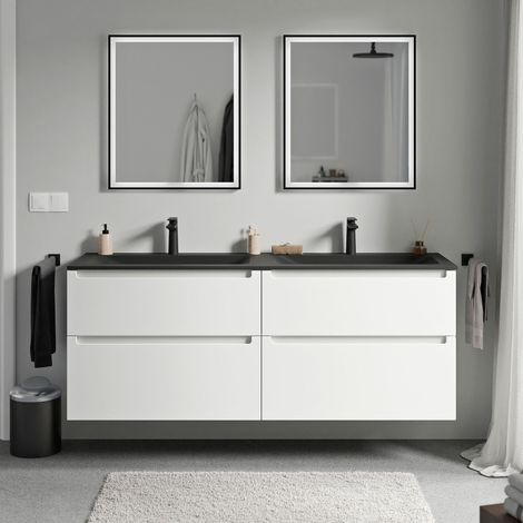 BERNSTEIN - Mobile lavabo doppio sospeso MDF bianco opaco, lavelli Ghisa nero opaco + fori rubinetteria, cassetti girevoli - 160x46x62cm - VIREO	Bianco opaco, Nero opaco con foro rubinetto