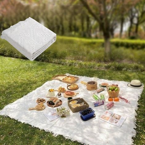 Couverture de plage et tapis de pique-nique blancs 100 % coton - 180 x 230 cm - pour pelouse et bord de mer (1/5)