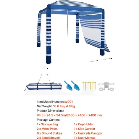 Abri de Plage, Hauteur Réglable, Protection UV, Rayure blanche marine (1/2)