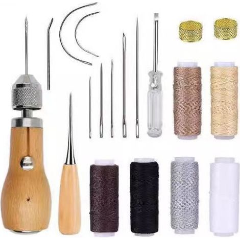 Kit Couture Cuir 19 Pièces, Aiguille Cuir Main  Avec aiguille courbe, poinçon, rouleaux de fil ciré, anneau en laiton, pour réparation de moquette, cuir et toile (1/4)