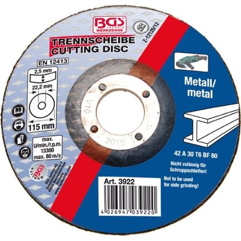 Disque à couper pour métal Ø 115 x 2,5 x 22,2 mm type 42 BGS