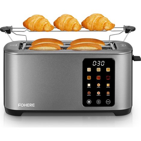Grille Pain 4 Tranches, Longue Fente Toaster avec écran Tactile, 9 Niveaux de Dorage, 3 Types de Pain, Inox Grille Pain, Tiroir Ramasse Miettes Amovible, D'annulation/Décongélation/Réchauffage, Gris (1/5)