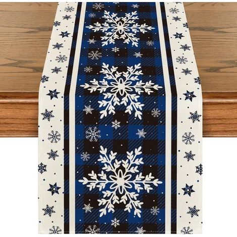 Set de table de Noël à carreaux bleus et flocons de neige, décoration de table hivernale pour la cuisine et les fêtes à la maison, 33 x 18 cm (1/5)