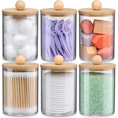 Transparent storage box for cotton swabs, 7.27.210.7cm, containing 6 round cotton makeup remover pads with a bamboo lid. (1/5)