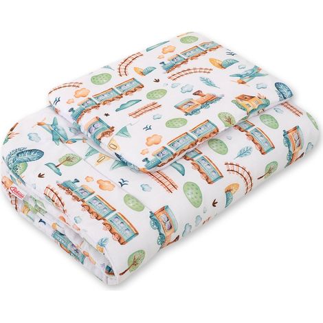 Juego de cama para bebé con relleno, 2 piezas, 75x100cm RECIÉN NACIDO - tren turquesa (1/2)