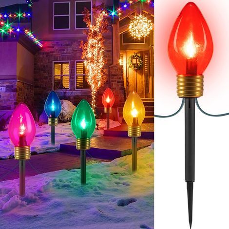 Riesige C9-Weihnachtslichterkette für die Außendekoration auf dem Rasen, mit Heringen für Verkehrsschilder, 2,6 m, abgedeckte LEDs, 5 Lichter, mehrfarbige Glühbirnen (1/5)