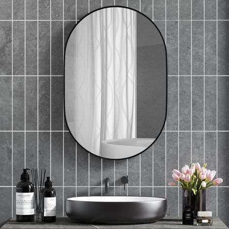 Ovaler Badezimmerspiegel 60 x 90 cm, dekorativer Wandspiegel mit Aluminiumrahmen für Wohnzimmer, horizontal oder vertikal, Schwarz