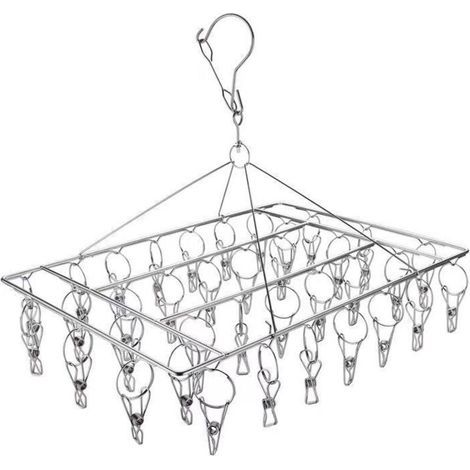 Stainless steel sock rack with 36 windproof stainless steel clips for hanging socks, underwear, clothes, towels and much more (1/5)