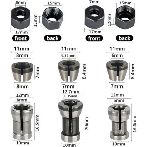 Set mit 8 Spannzangen, Zubehör für Oberfräsen von Einhell, Katsu, Bosch und Dewalt, 6 Spannzangenadapter (6 mm, 6,35 mm, 8 mm) + 2 Muttern für Graviermaschinen (1/4)