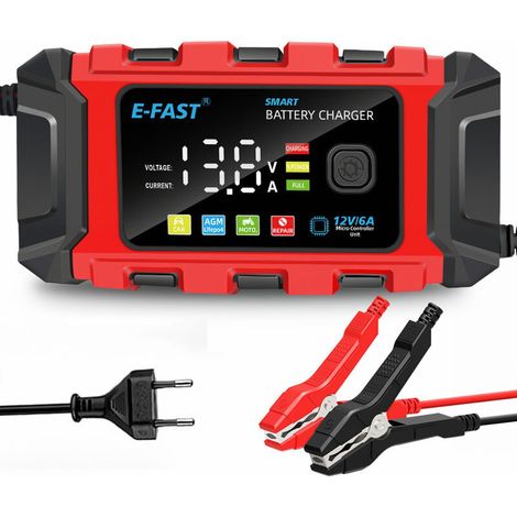 Chargeur de Batterie Auto Intelligent, Ultrixe, Chargeur Batterie Mainteneur et Automatique Réparation Fonction Portable avec Écran LCD pour Lithium Plomb-Acide LiFePO4, Rouge Noir (1/5)