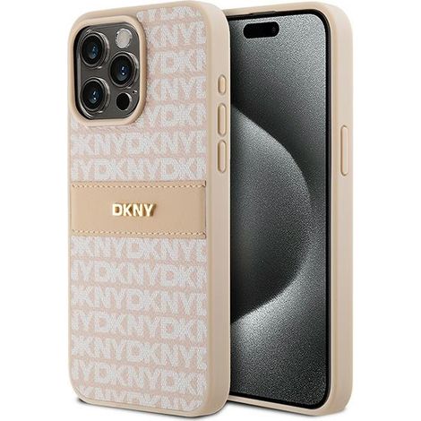 DKNY DKHCP15XPRTHSLP iPhone 15 Pro Max6.7" custodia rigida rosa in pelle con monorighe e logo in metallo (1/5)