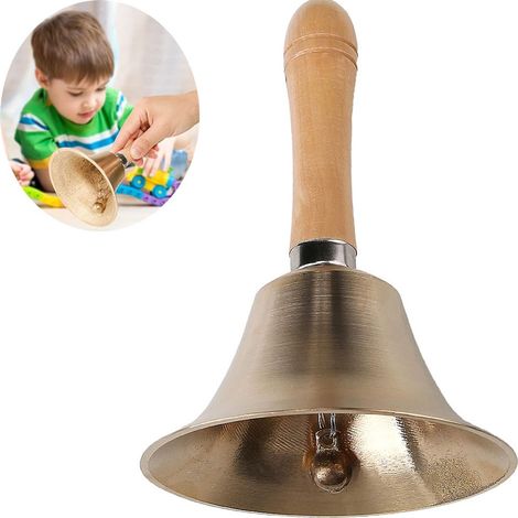 Cloche à main métallique dorée 8 cm avec manche bois, son puissant, école, méditation et décoration de Noël (1/5)