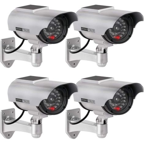 4Pcs Caméra Factice Intérieur Extérieur Solaire, Étanche, Fausse Caméra de Surveillance CCTV avec Lumière LED Rouge Clignotante (Argenté) (1/5)
