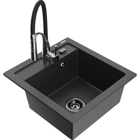 Mexen Vito Granitspüle, 1-Bowl, mit Küchenarmatur Aster, schwarz gesprenkelt - 6503-76-73450-07-B (1/5)