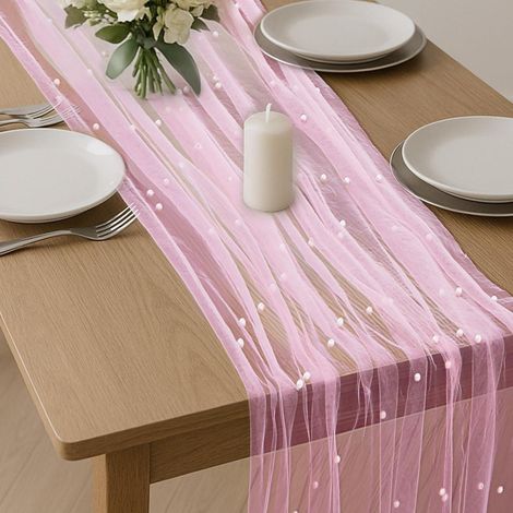 Tischläufer Tüll mit Perlen 75x300cm Rosa für Hochzeiten & Feiern