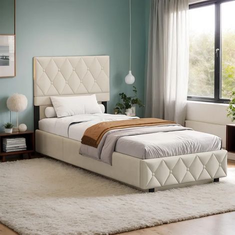 Cama 90x190 cm Tapizada Terciopelo Beige, Diseño Moderno Atemporal, Estructura Estable con Listones de Madera, Capacidad 250 kg - Confort Óptimo (1/5)