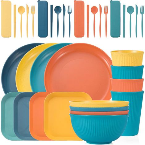 Service de table 36 pièces en paille de blé, comprenant 4 assiettes et bols réutilisables, idéal pour le camping et les voyages. Compatible lave-vaisselle et micro-ondes.