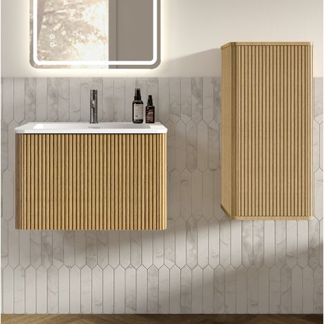 Meuble vasque inclus avec meuble sous-vasque suspendu 60 cm et meuble latéral, coloris chêne HAVRYA (1/5)