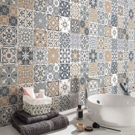 Sticker Mural Carrelage adhésif Cuisine Salle de Bain - 24 STICKERS CARREAUX DE CIMENT AZULEJOS BRUNIONA - 24stickers10x10cm (1/5)