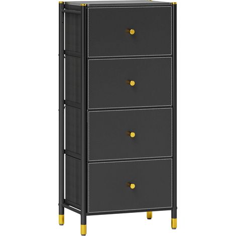 Commode en tissu avec 4 tiroirs pliants, façades en PU et structure en acier, idéale pour la chambre ou le salon, noire.