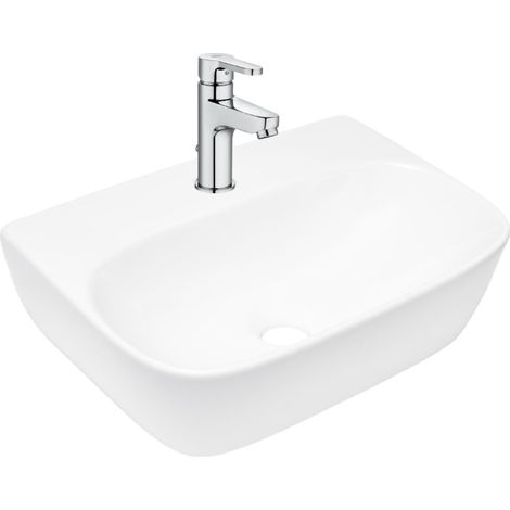 Lavabo suspendu en céramique 43x30x13 cm Swiss Aqua Technologies, sans trop-plein + mitigeur lavabo Roca (A5A306SATBRE4330R) (1/5)