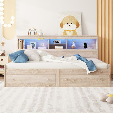 Daybett 90/200 cm Natur aus Holzwerkstoff mit LED-Beleuchtung und USB-Anschlüssen (1/5)