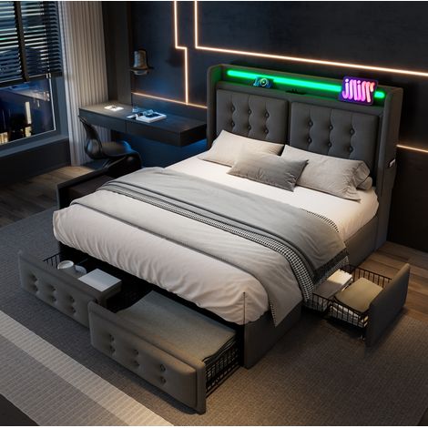 Bett 140x200 cm gepolstert in Grau aus Baumwoll-Leinen mit Kopfteil, LED, USB-C und 4 Schubladen, Lattenrost (1/5)