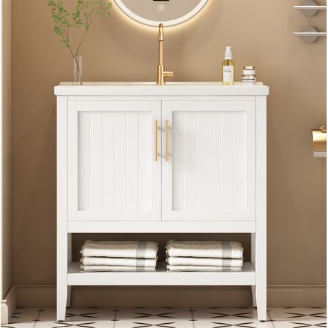 Mobile con lavabo 80 cm su piedini in MDF con lavabo in ceramica bianco HAVRYA (1/5)