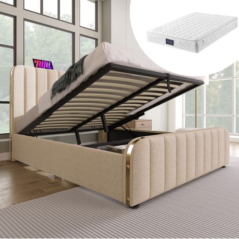 DESVIAE Lit double rembourré avec rangement hydraulique USB et Type C tête de lit en lin beige 140 x 200 cm avec matelas à ressorts ensachés 620 ressorts (1/5)