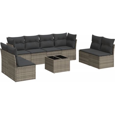 Salon de jardin 9 pcs avec coussins gris résine tressée (1/3)