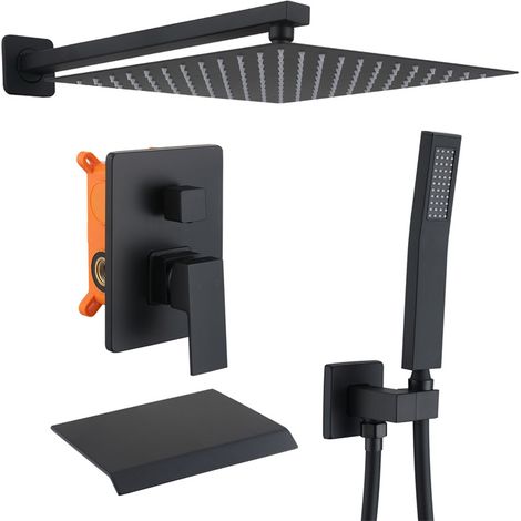 OHPA Colonne de Douche Encastrée,Ensemble de Douche Noir,colonne douche encastrable avec bec déverseur de baignoire,Douche de Tête 12 pouces ,Douchette,Mitigeur Douche Corps en Laiton