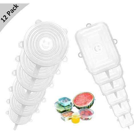 Couvercle Silicone Alimentaire, 12pcs Réutilisable Couvercles Silicone Extensible Carré et Rond pour Conservation des Fruits, Tasses, Verre, Bol - Réduire Le Film Plastique