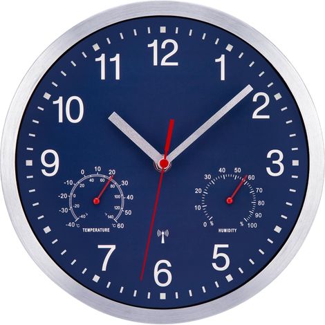 Horloge murale radio-pilotée silencieuse - Sans bruit de tic-tac - Avec affichage de la température et de l'humidité - Bleu - Facile à lire - Pour salon, bureau (1/5)