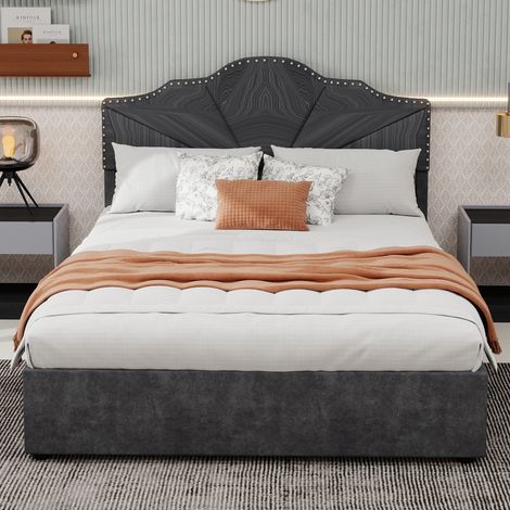 Letto contenitore 160x200cm Design moderno Dettagli chiodati Montaggio semplice Tessuto e metallo Grigio (Senza materasso) (1/5)