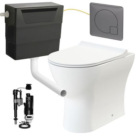 Rimless D Shape Back to Wall Toilet Pan with Soft Close Seat & Concealed Cistern Gun Metal Plate Button (1/5)