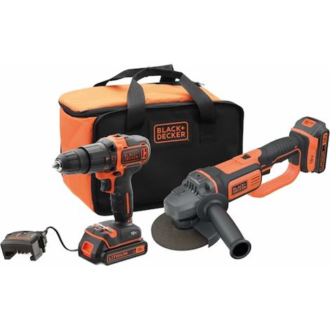 Black & Decker – Kit combiné 2 outils électroportatifs 18V – Perceuse-visseuse à percussion et meuleuse d'angle – 2 batteries 2.0Ah et chargeur inclus - BCK24D2S-QW