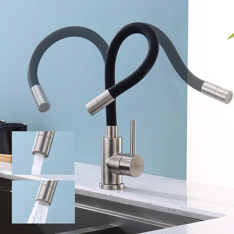 Robinet Cuisine Flexible, Robinet d'évier de Cuisine avec 2 Types de Jet d'eau, Mitigeur d'Evier Orientable à 360°, Acier Inoxydable (Noir avec 2 Modes) (1/5)